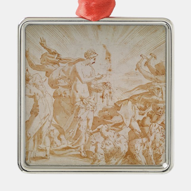 Pandora som öppnar boxas julgransprydnad metall (Framsidan)