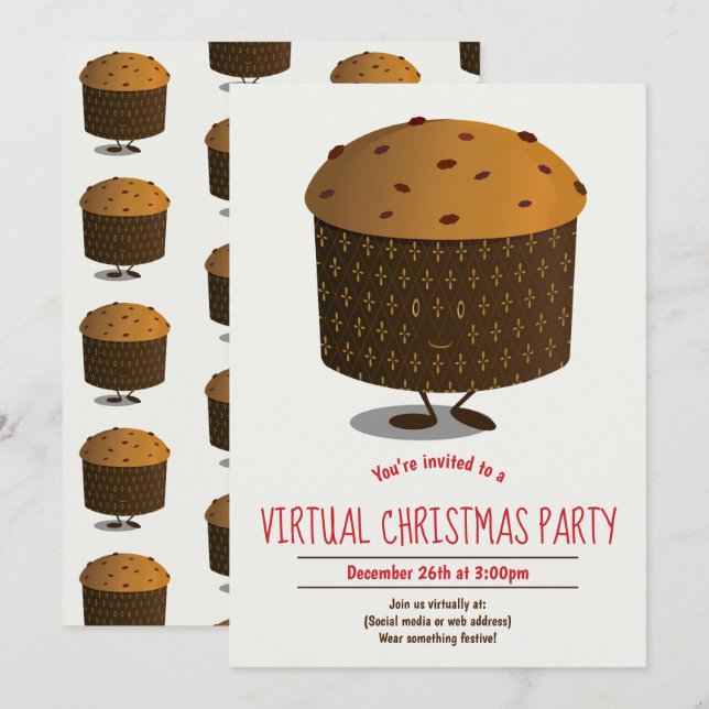 Panettone Red Brown Virtuellare jul Party Inbjudningar (Fram/baksida)