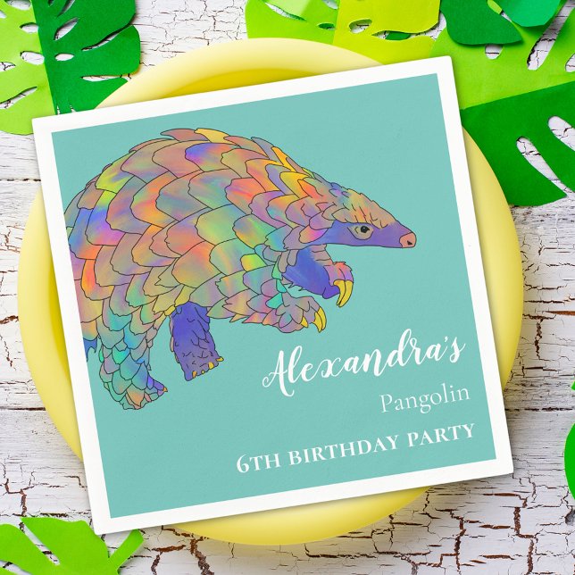 Pangolin Colorful Födelsedagsfest Pappersservett (Cute pangolin colorful personalized 6th birthday party paper napkins)