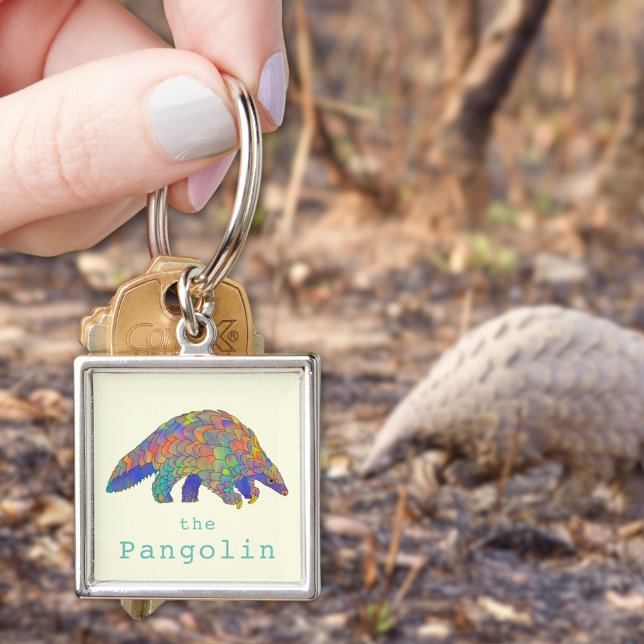 Pangolin Färgrik Djurkonst Fyrkantig Silverfärgad Nyckelring (Cute pangolin colorful animal art watercolor keyring scaly anteater endangered species )