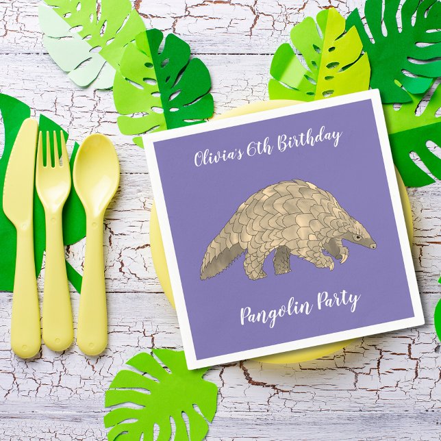 Pangolin Party Girls 6e Birthday Lila Add Namn Pappersservett (Cute pangolin wildlife animal art 6th birthday party custom purple paper napkins )