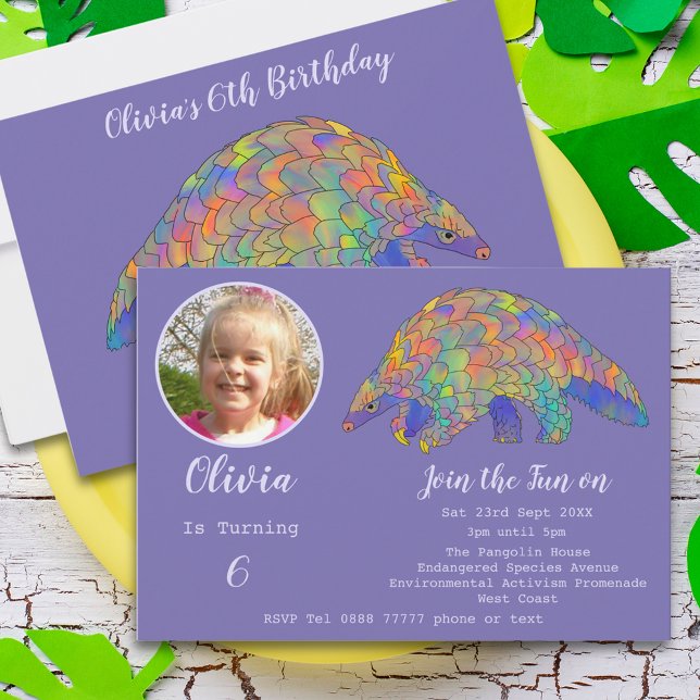 Pangolin Party Girls 6e Birthday Photo Lila Inbjudningar (Cute pangolin 6th birthday party purple invitation photo template colorful watercolor animal art)