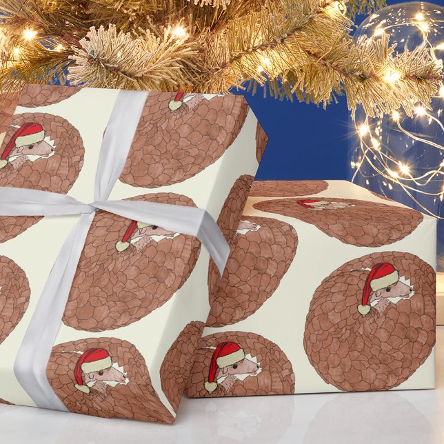 Pangolin-utrotningshotad Djurjul Presentpapper (Christmas cute pangolin holiday wrapping paper Rolled up pangolin wearing a Santa hat pattern)