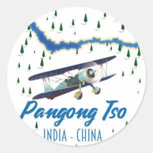Pangong Tso India China karta poster. Runt Klistermärke