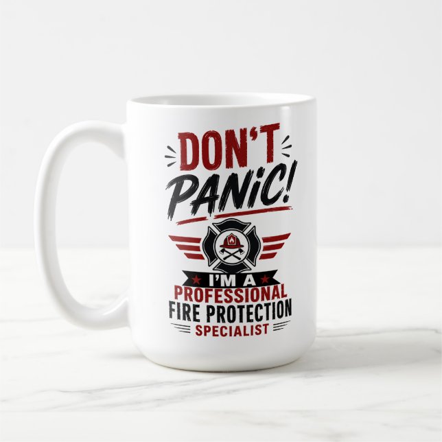 Panicera inte, jag är specialist på brandskydd  kaffemugg (Vänster)
