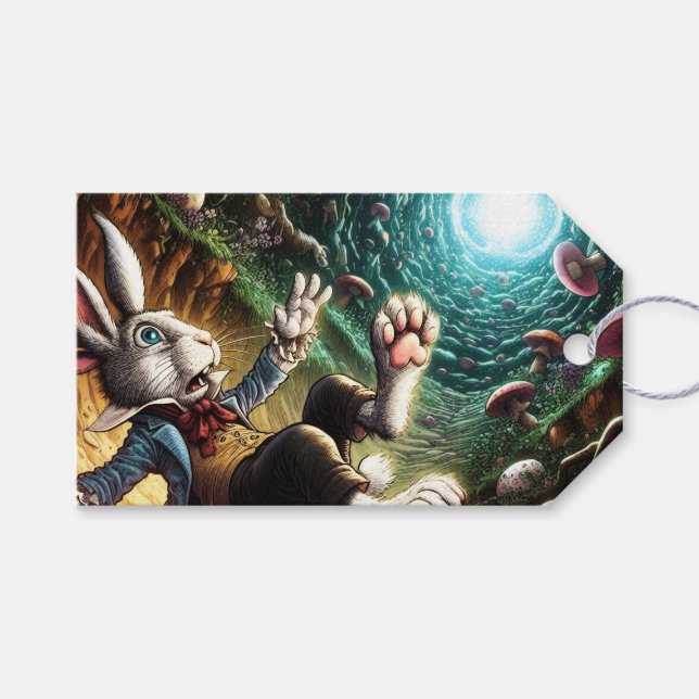Panickad bunny som sjunker ned längs kaninen Hål Presentetikett (Framsidan (Horisontell))