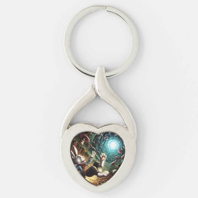 Panickad bunny som sjunker ned längs kaninen Hål Twisted Heart Silverfärgad Nyckelring (Framsidan)