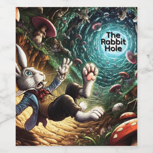 Panickad bunny som sjunker ned längs kaninen Hål Vinflaska Etikett (Singel etikett)