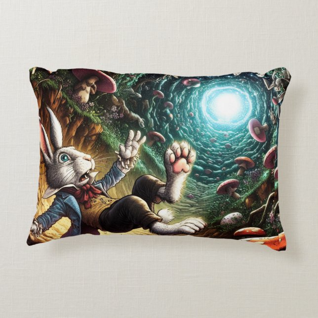 Panicked Bunny Falling Down The Rabbit Hole Prydnadskudde (Baksidan)