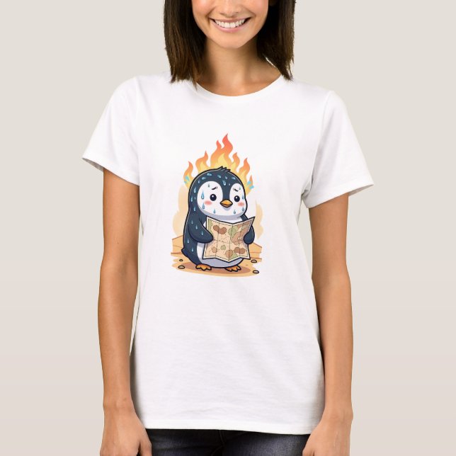 Panicked Cartoon Penguin Holding Map with Fire T Shirt (Framsida)