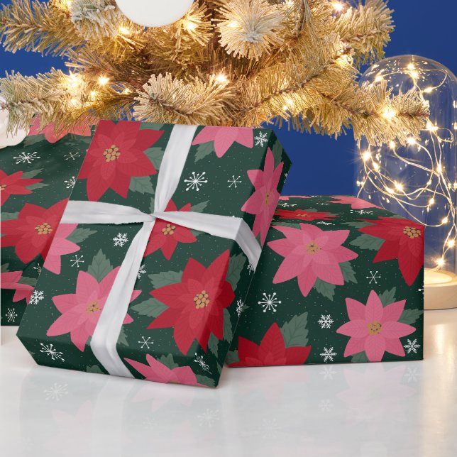Pannkaka jul Poinsettia & Snöflingor på Grönt Presentpapper (Helgdagar)