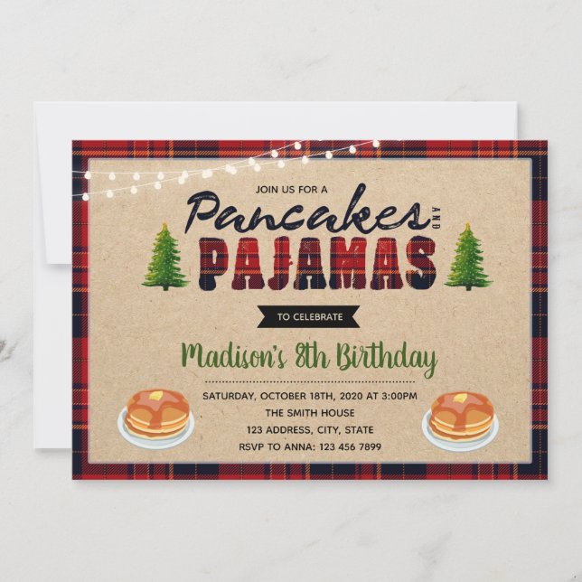 Pannkaka- och pajamasfödelsedaginbjudan inbjudningar (Framsida)