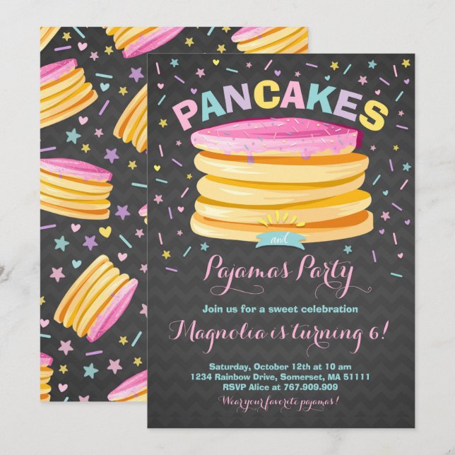 Pannkaka och pyjamas födelsedagsinbjudan pyjamaspa inbjudningar (Fram/baksida)