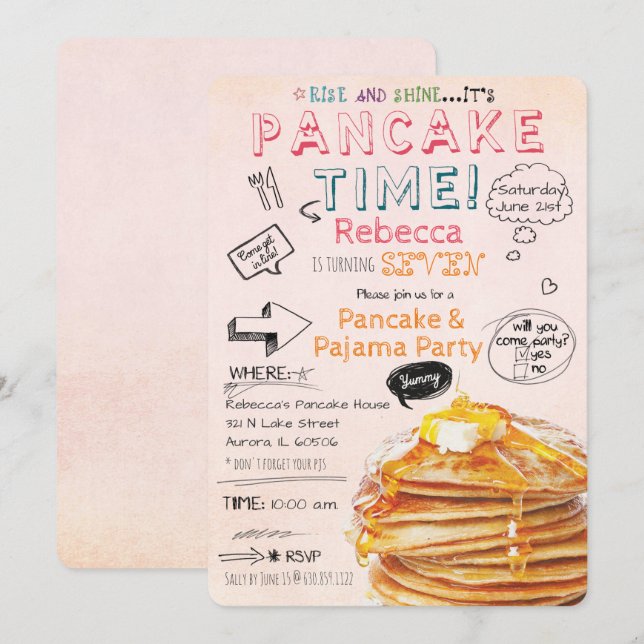 Pannkaka och Pyjamasfest Födelsedagsinbjudan Inbjudningar (Fram/baksida)
