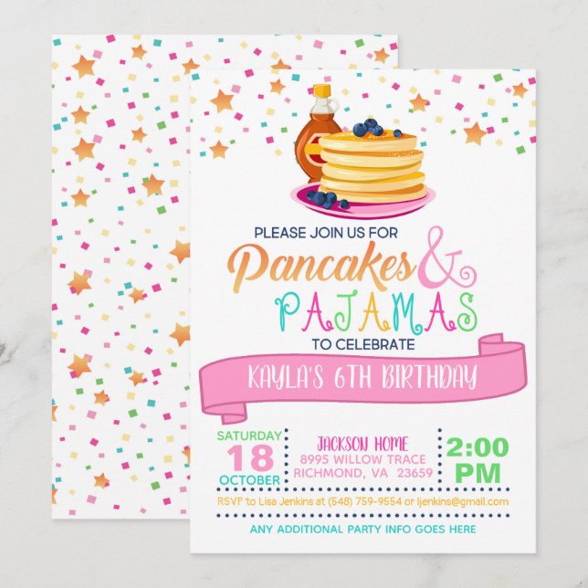 Pannkaka- & Pajamasfödelsedaginbjudan - vit Inbjudningar (Fram/baksida)