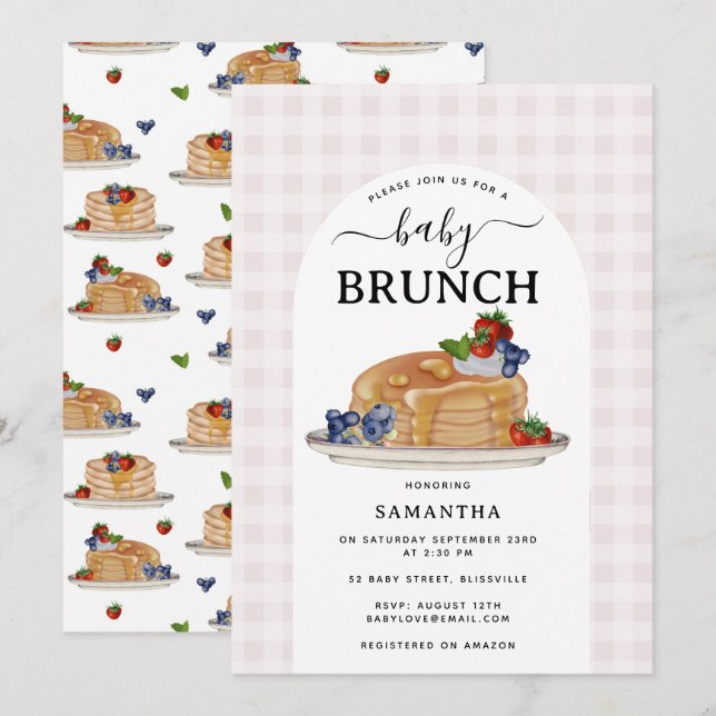 Pannkakor Bär Brunch Rosa Karoad Barnkalas Inbjudningar (Fram/baksida)