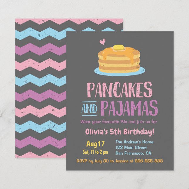 Pannkakor och Pyjamas Chevron Födelsedagsfest Inbjudningar (Fram/baksida)