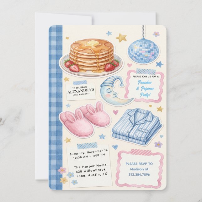 Pannkakor och Pyjamas Födelsedagsinbjudan Inbjudningar (Framsida)