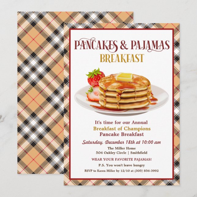 Pannkakor och Pyjamas Frukostinbjudan Inbjudningar (Fram/baksida)