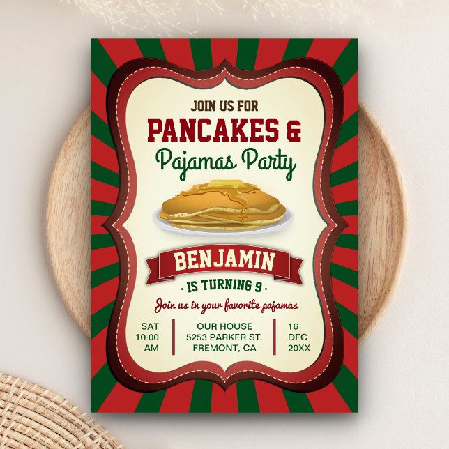 Pannkakor och Pyjamas | Julfödelsedagsfest Inbjudningar (Skapare uppladdad)