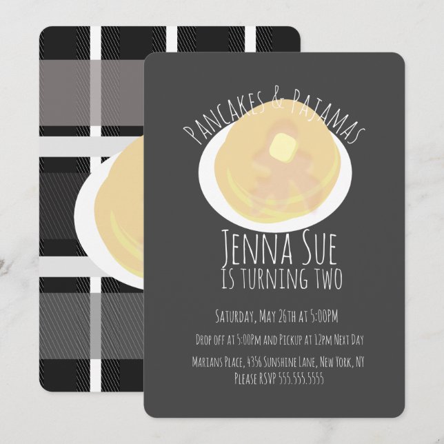 Pannkakor och Pyjamas Pyjamasparty Tjejer | Plaid Inbjudningar (Fram/baksida)