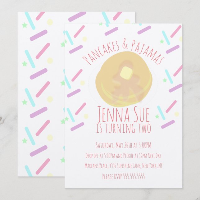 Pannkakor och Pyjamas Sover Sprinkler Kraft Inbjudningar (Fram/baksida)