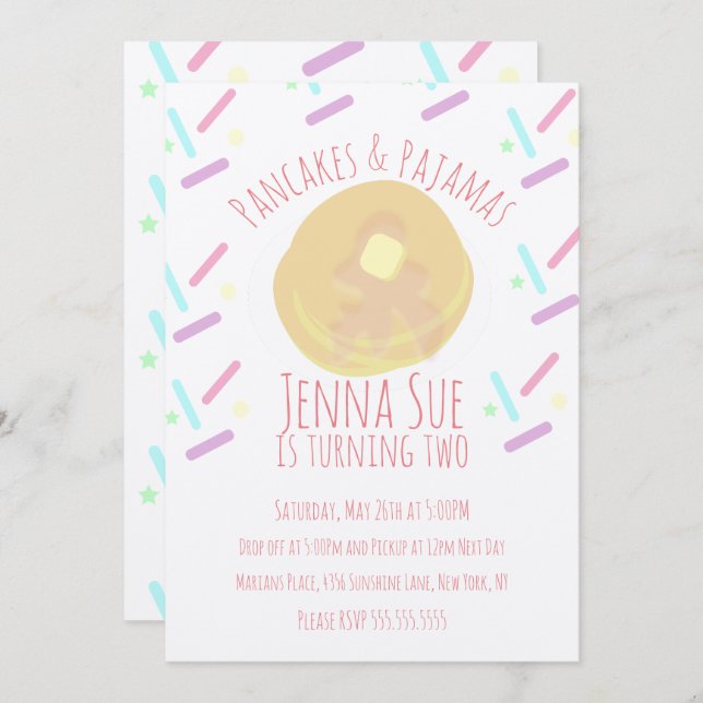 Pannkakor och Pyjamas Sover Sprinkles Kraft Inbjudningar (Fram/baksida)