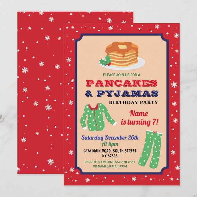Pannkakor & Pyjamas Julfest Födelsedag Blå Inbjudningar (Fram/baksida)