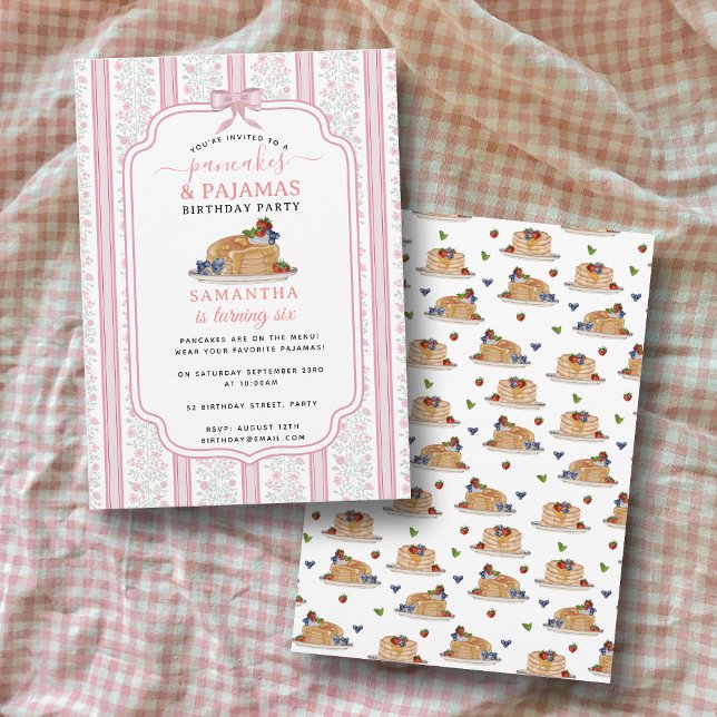 Pannkakor Pyjamas Pojkar Flickor Barnkalas Inbjudningar (Pancakes Pajamas PJ's Girl Kids Birthday Party Invitation)