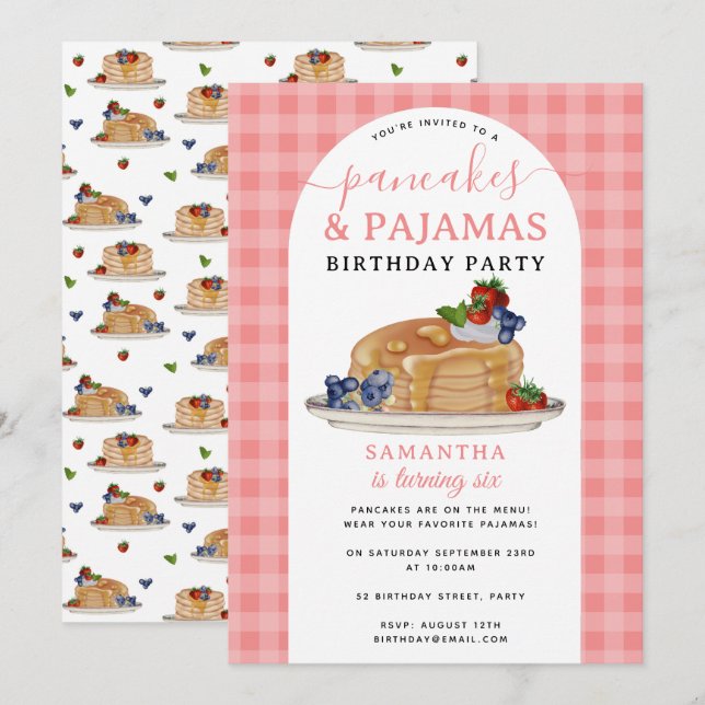 Pannkakor Pyjamas Pojkarnas Flickors Födelsedagsfe Inbjudningar (Fram/baksida)