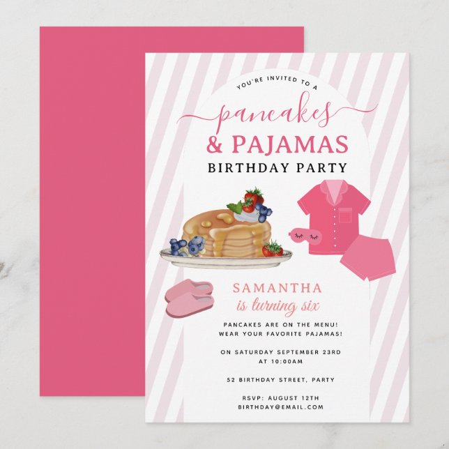 Pannkakor Pyjamas Pojkarnas Flickors Födelsedagsfe Inbjudningar (Fram/baksida)