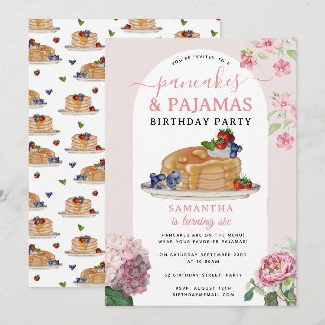 Pannkakor Pyjamas Pojkjol Barn Kalas Inbjudan (Fram/baksida)