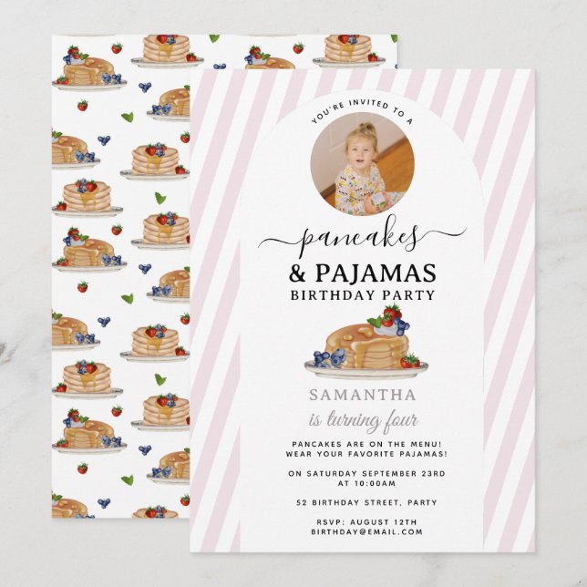 Pannkaks Pyjamas PJ Flickor Barn Födelsedags Foto Inbjudningar (Fram/baksida)
