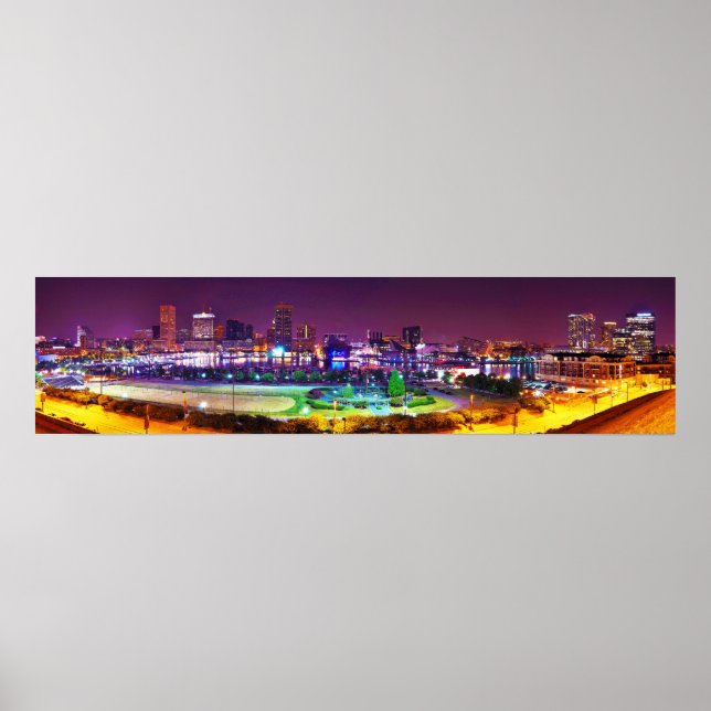 Panorama av Baltimore's Inner Harbor Night Skyline Poster (Framsidan)