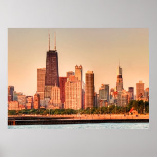 Panorama av Chicago horisont på soluppgången Poster