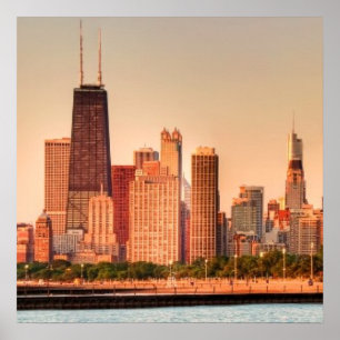 Panorama av Chicago horisont på soluppgången Poster
