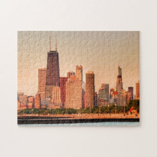 Panorama av Chicago horisont på soluppgången Pussel