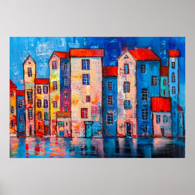 Panorama av gatan med färgstarka hem. Impression Poster (Framsidan)