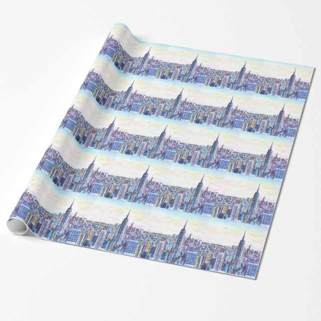 Panorama av Manhattan horisont i vattenfärg Presentpapper (Utrullad)
