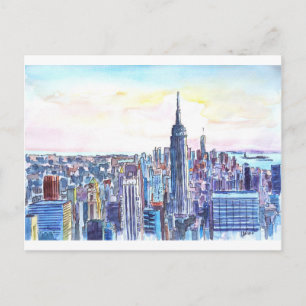 Panorama av Manhattan Skyline i vattenfärg Vykort