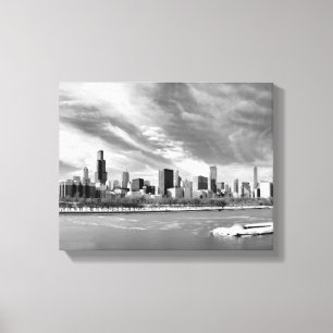 Panorama- beskåda av Chicago horisont i vinter Canvastryck
