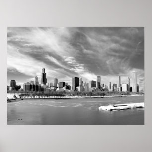 Panorama- beskåda av Chicago horisont i vinter Poster