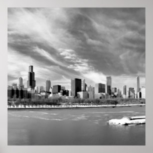 Panorama- beskåda av Chicago horisont i vinter Poster