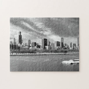 Panorama- beskåda av Chicago horisont i vinter Pussel