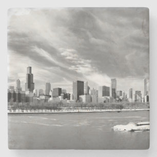 Panorama- beskåda av Chicago horisont i vinter Stenunderlägg