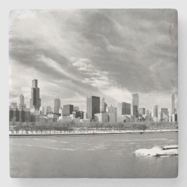 Panorama- beskåda av Chicago horisont i vinter Stenunderlägg (Framsidan)