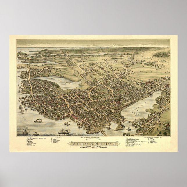 Panorama Birds Öga View of Portsmouth NH 1877 Poster (Framsidan)