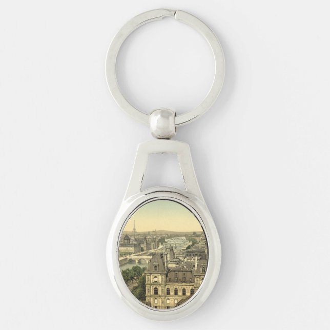 Panoramat av sjuna överbryggar, Paris, frankrike Ovalt Silverfärgad Nyckelring (Framsidan)