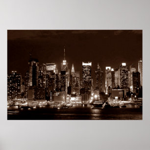 Panoramic Sepia Brown New York Nattnattverk Poster
