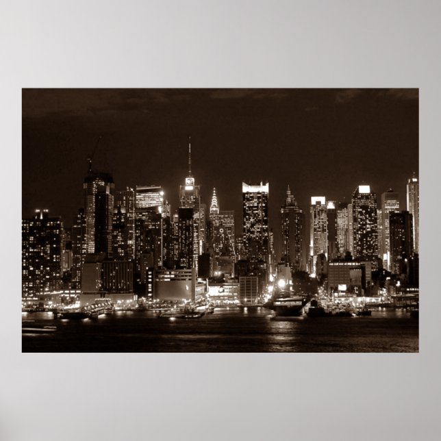Panoramic Sepia Brown New York Nattnattverk Poster (Framsidan)